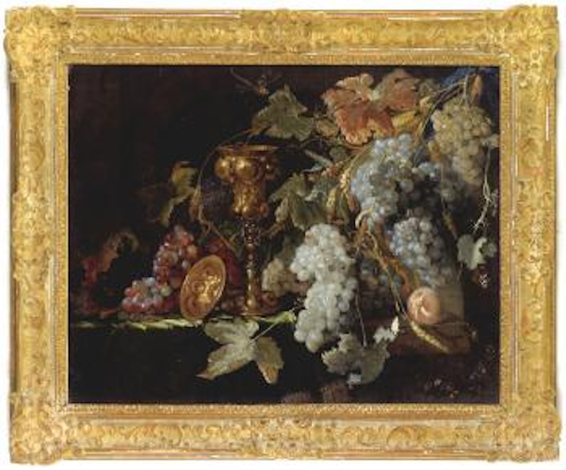 Still life with gilt cup in form of bunch of grapes, fruit, dragonfly and snail by Jan Davidsz de Heem