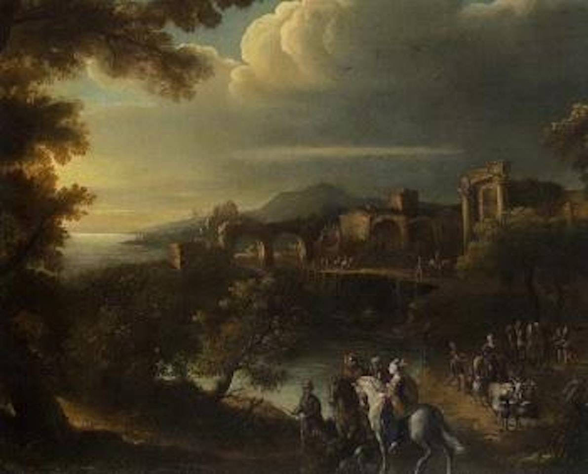 Coastal landscape with classical ruins by Italian School
