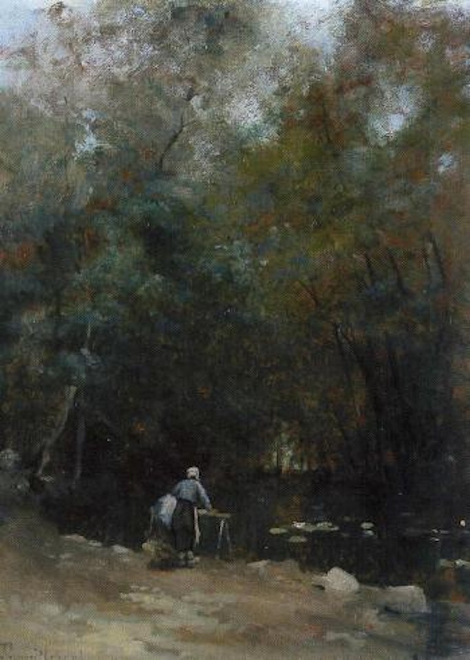 Forest clearing with pond and washerwoman by Paul Désiré Trouillebert