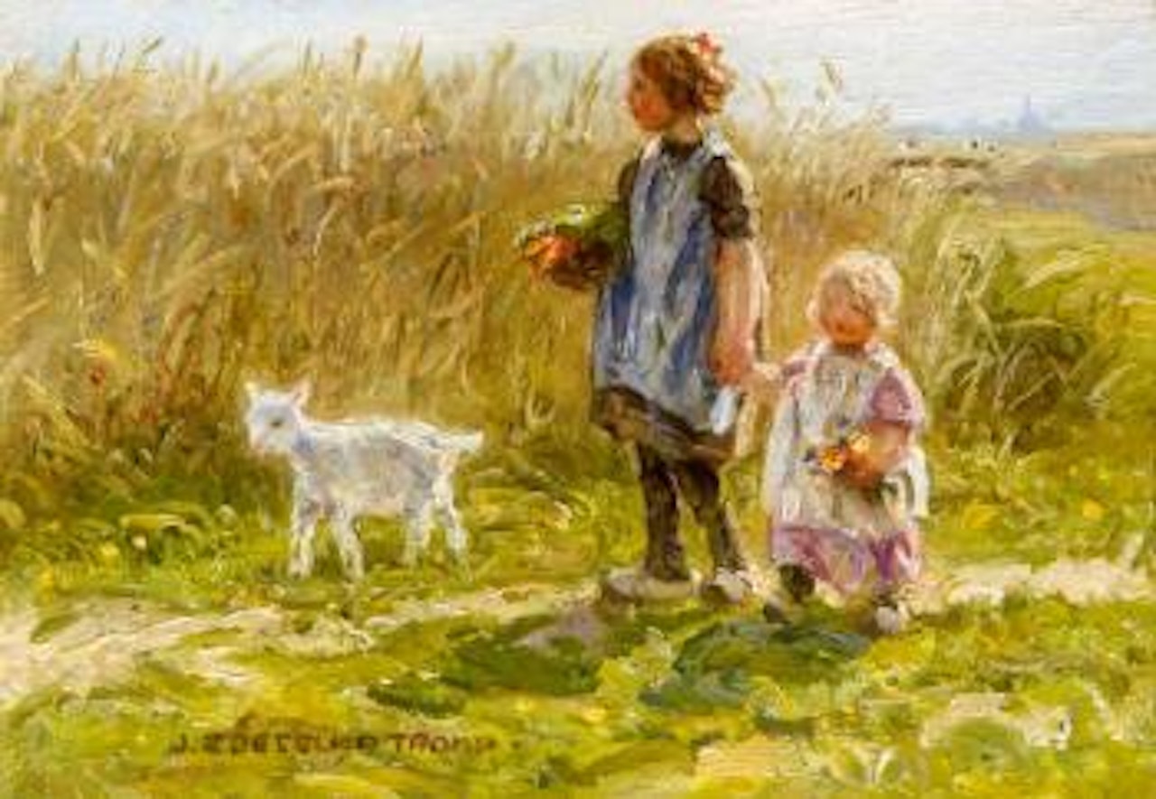 Pet goat, children taking a walk in summer by Jan Zoetelief Tromp