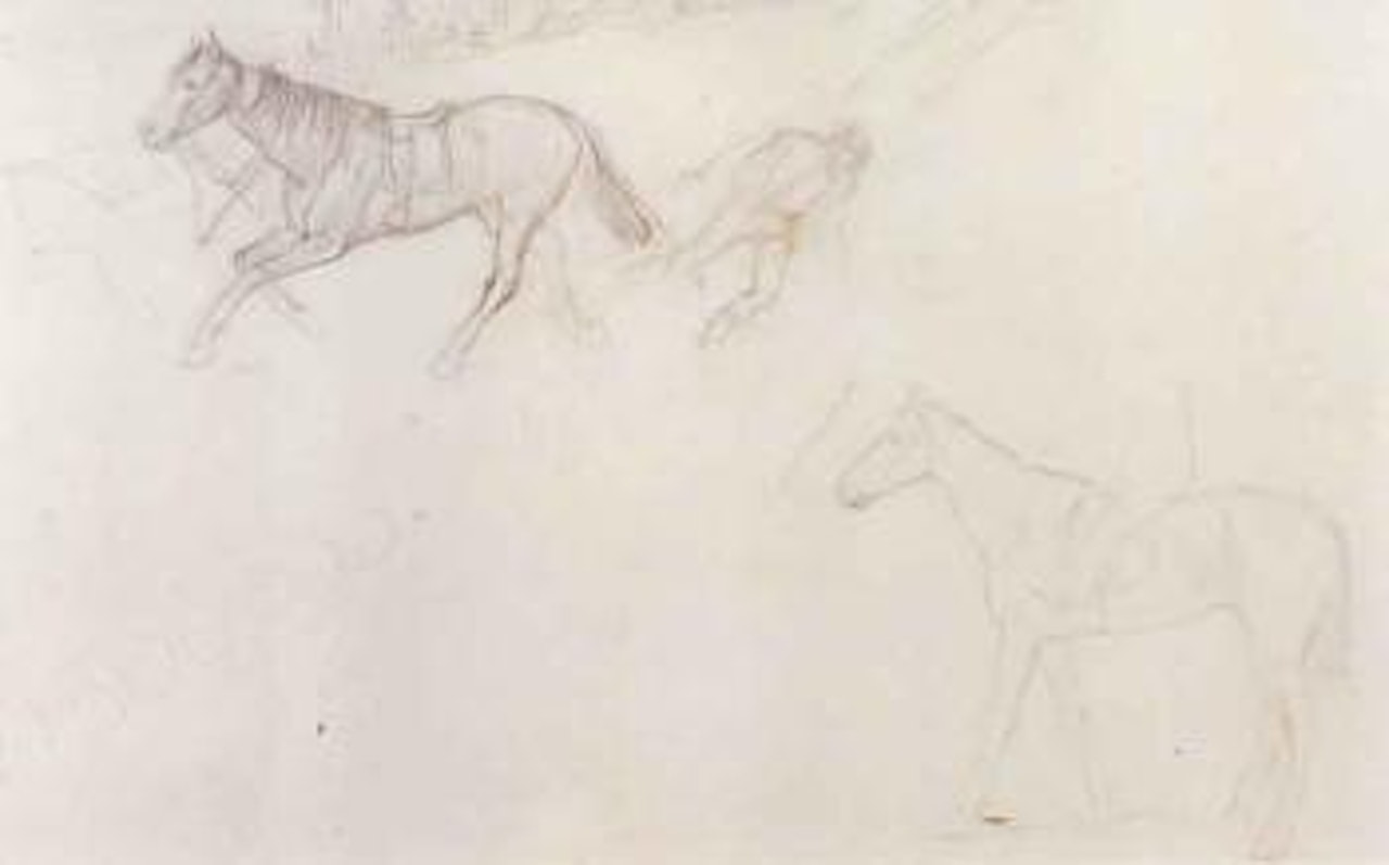 Etude pour le jockey blesse, un cheval deleste de son cavalier un cheval monte by Edgar Degas