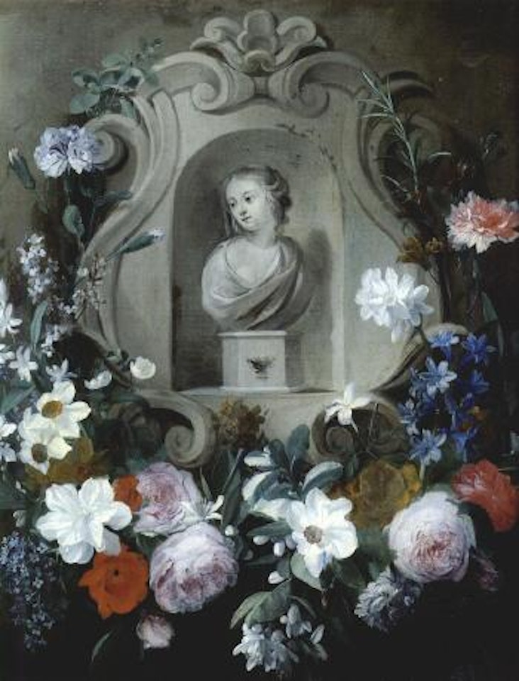 Garland of roses, carnations, narcissus, poppies and other flowers by Jan van den Hecke by Erasmus Quellinus II