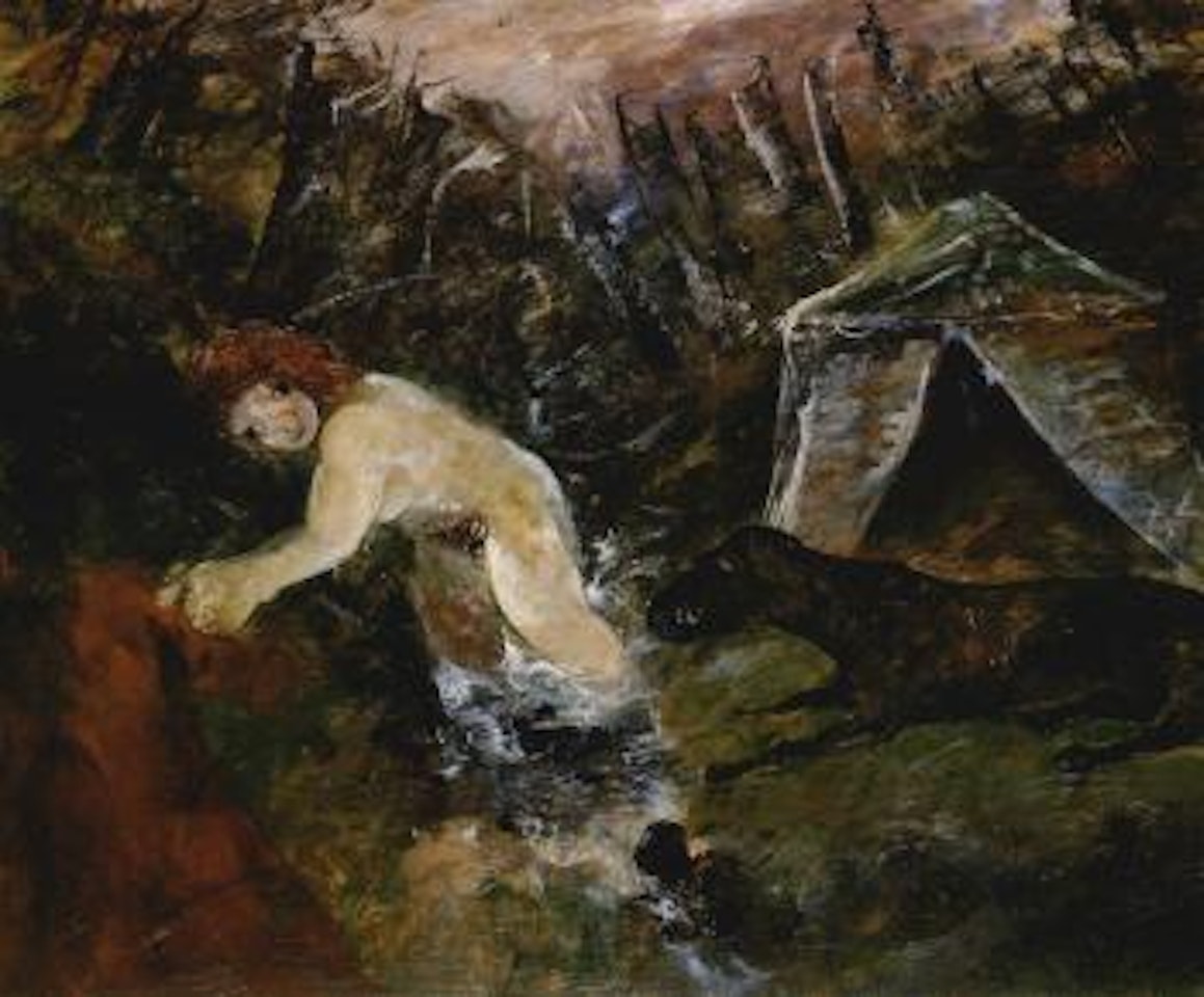 Nude standing in a stream with dog and tent by Arthur Merric Bloomfield Boyd
