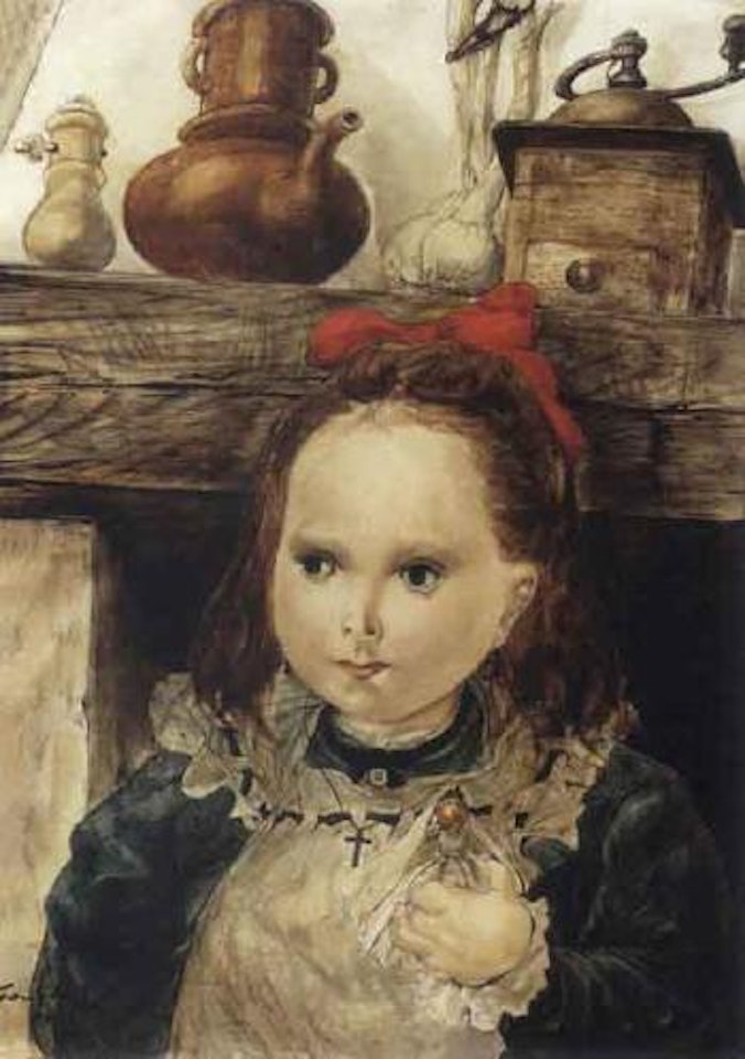 Petite fille au noeud rouge devant la cheminee by Leonard Tsuguharu Foujita