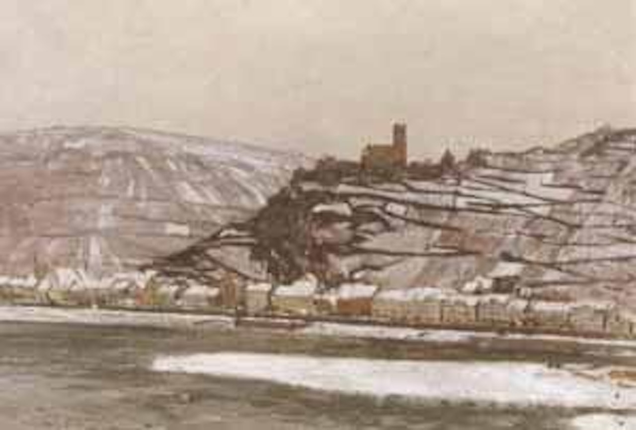 The Rhine and Burg Gutenfels in the snow by Max Clarenbach