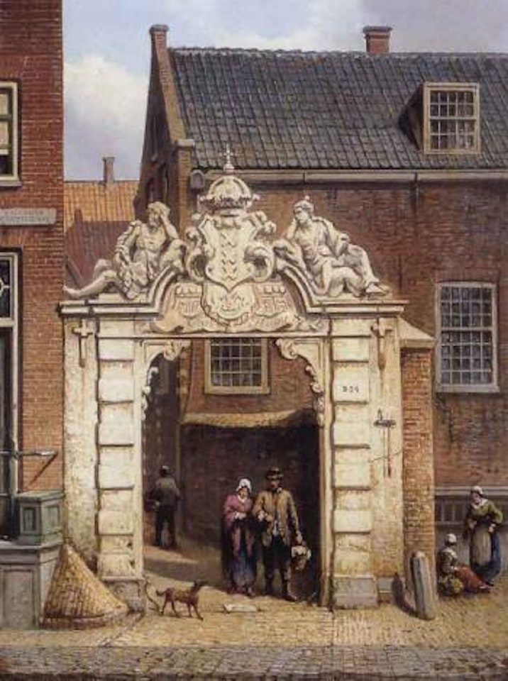 Figures by the gate of an old guesthouse in Achterburgwal in Amsterdam by Eduard Alexander Hilverdink