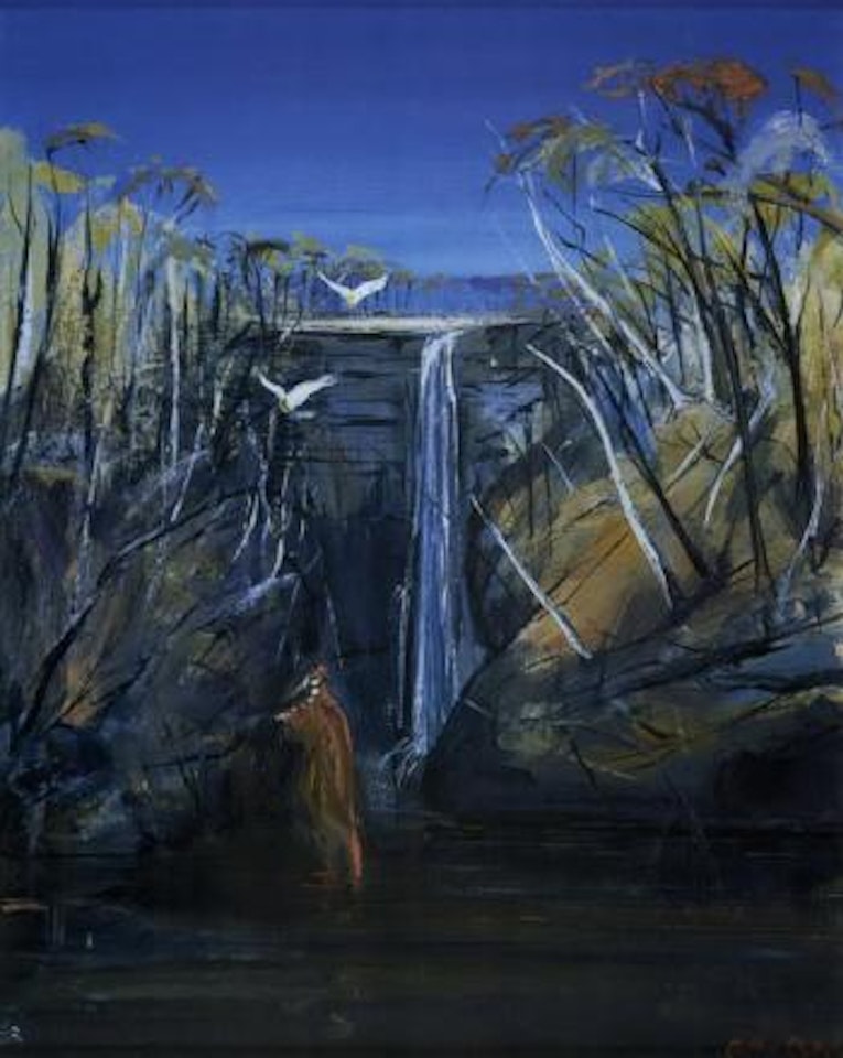 Waterfall with figure and birds by Arthur Merric Bloomfield Boyd