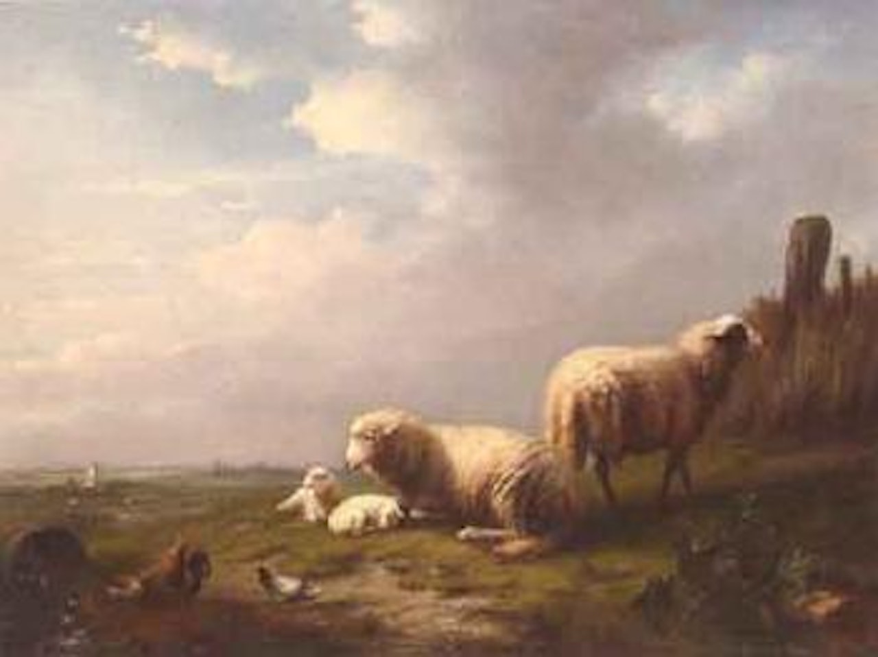 Sheep and poultry in an extensive landscape by Eugène Joseph Verboeckhoven