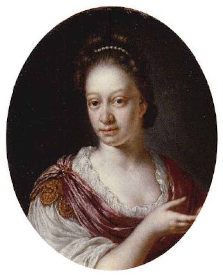 Portrait of a lady in a white gown and fuchsia shawl by Willem van Mieris