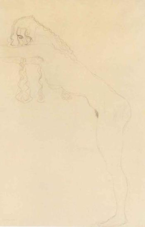 Madchenakt mit langen haaren und nach vorn gebeugtem oberkorper by Gustav Klimt