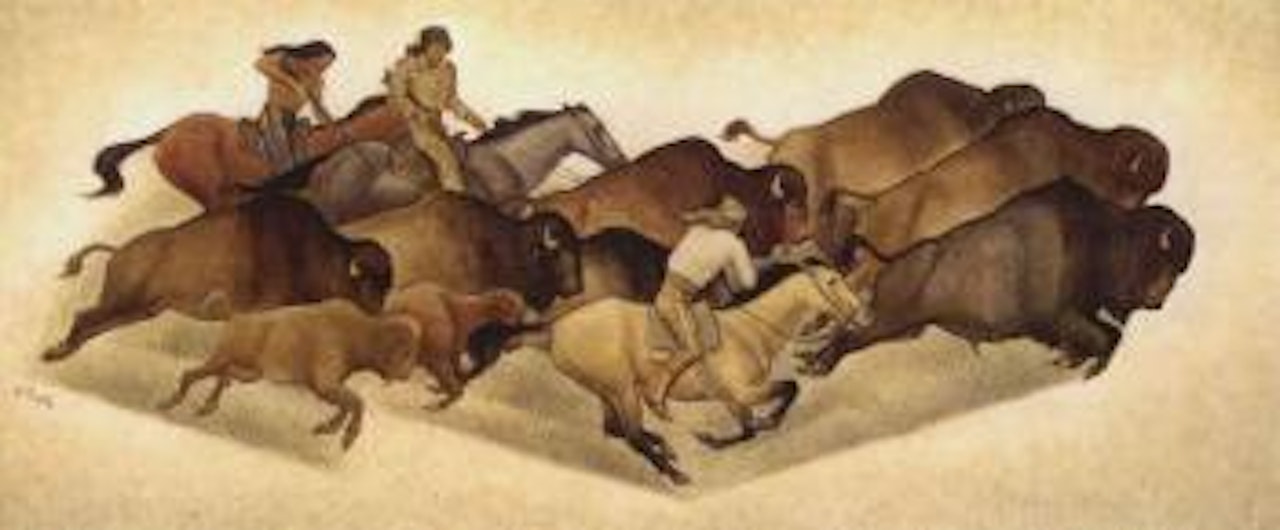 Running buffalo with hunters, sketch for a mural by Maynard Dixon