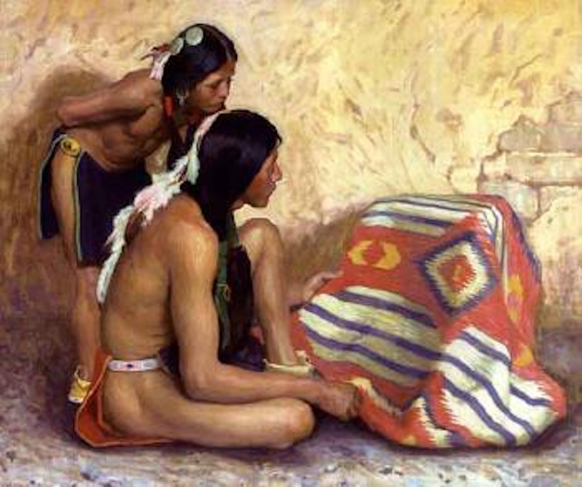 Indian boy and brave looking at a blanket by E. Irving Couse