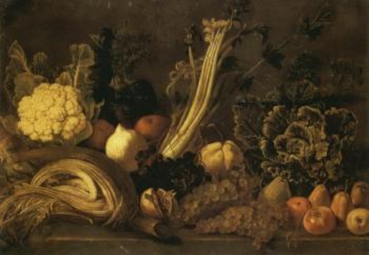 Cauliflower, fennel, eggplant, celery, lettuce, grapes, pomegranate on a ledge by Neapolitan School
