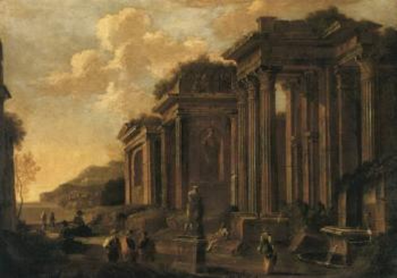 Architectural capriccio with figures by a statue and a fountain by Giovanni Ghisolfi