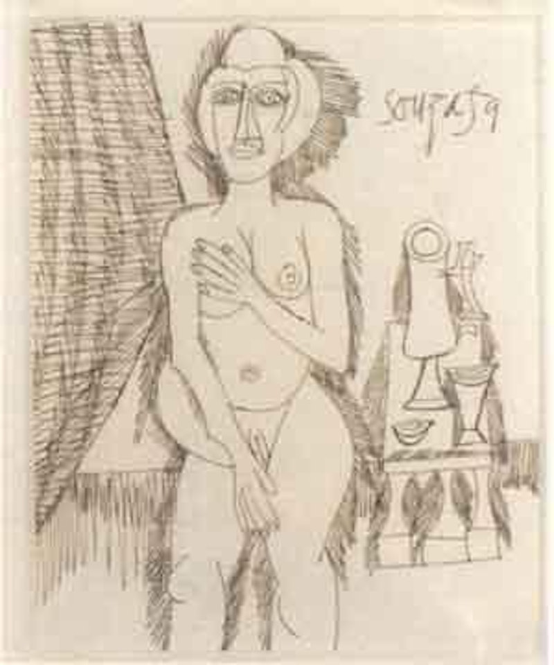 Susanne and the elders. Nude with still life by Francis Newton Souza