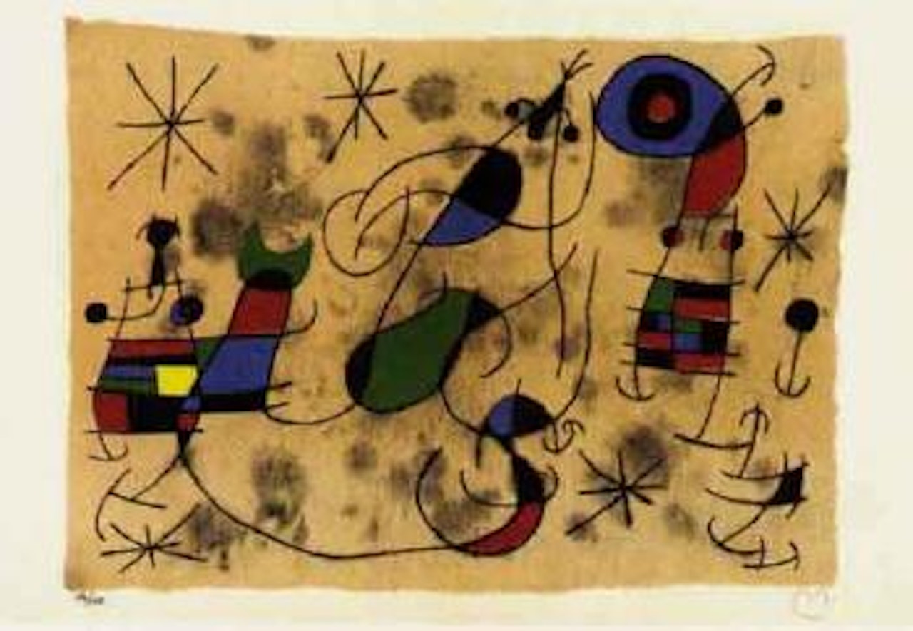 Derriere le miroir. Miro. Oiseau solaire - oiseau lunaire - etincelles by Joan Miró