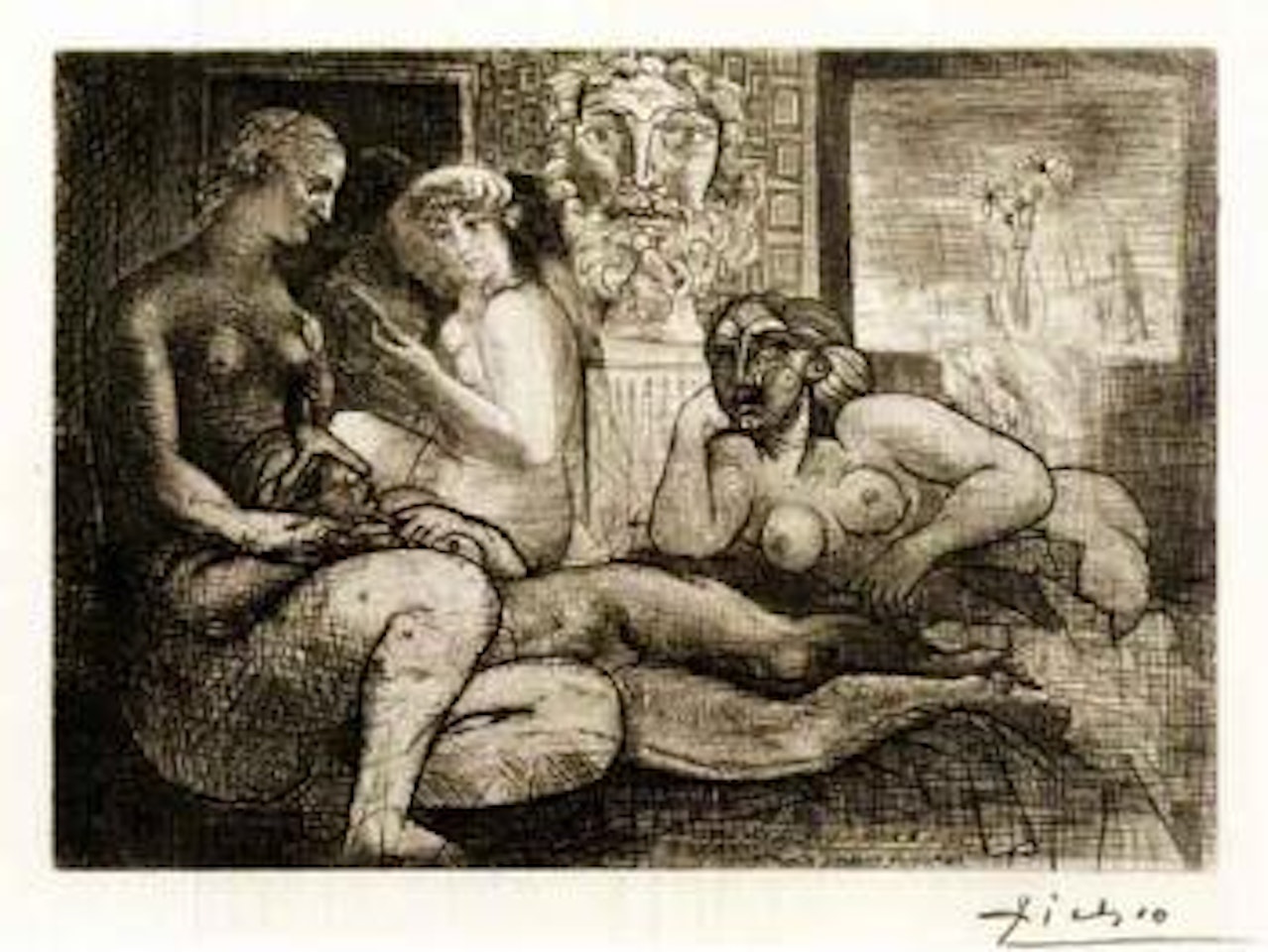 Quatre femmes nues et tete sculptee by Pablo Picasso