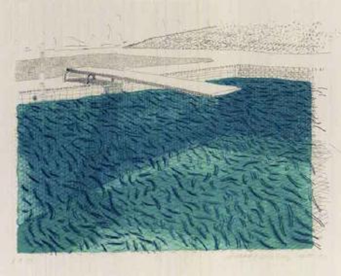 Water made of lines, crayon and blue washes without green wash by David Hockney