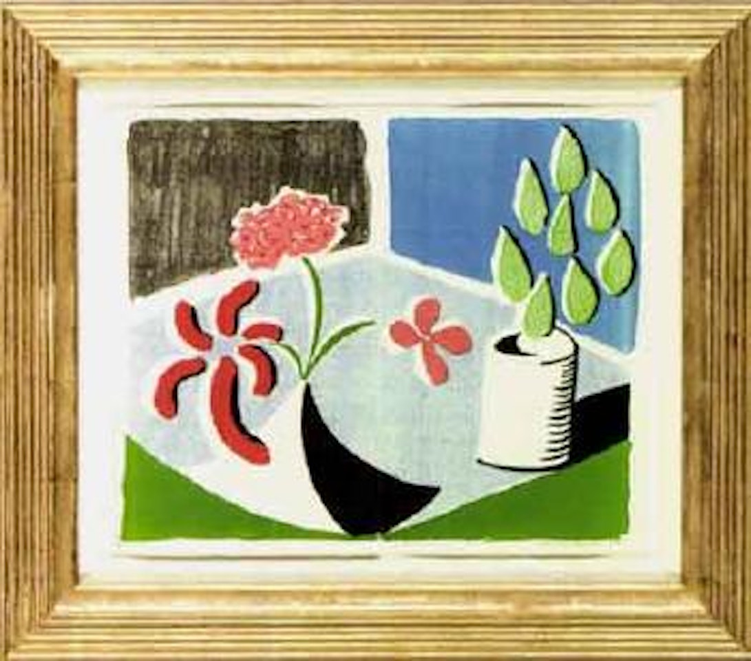 Red flowers and green leaves, separate by David Hockney