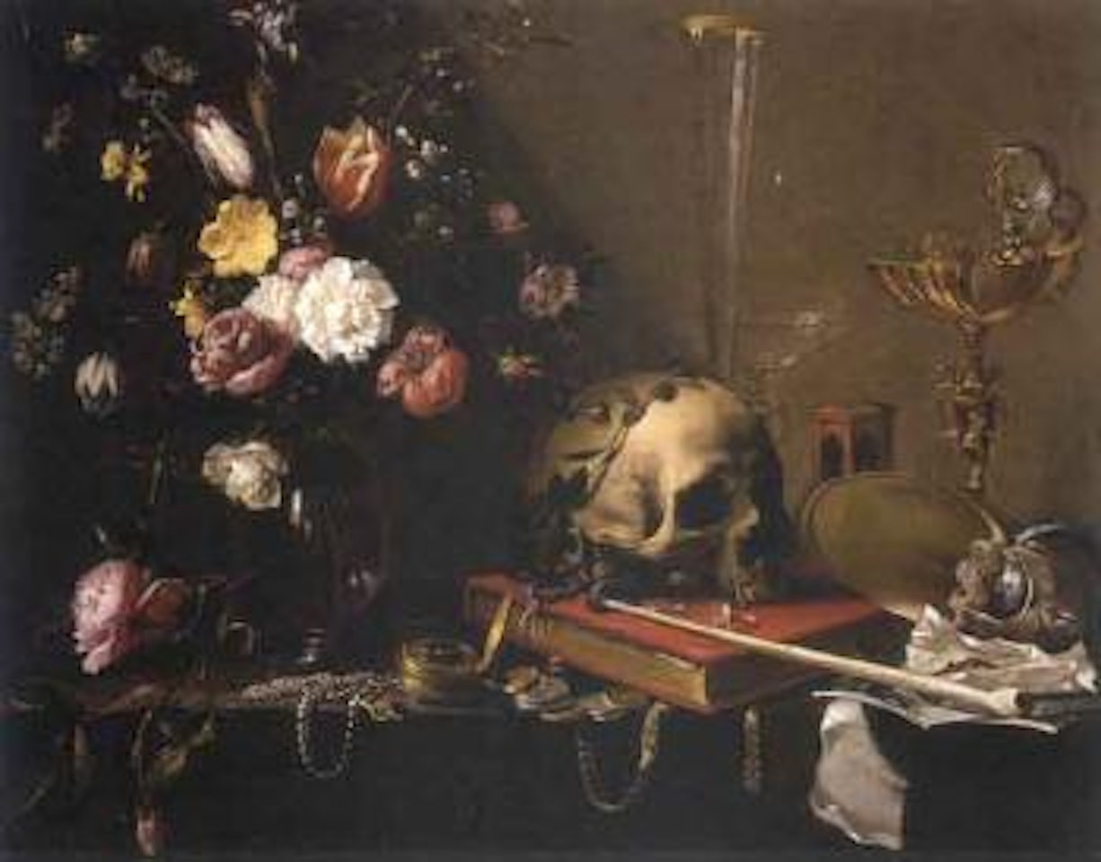 Vanitas still life with a bouquet and a skull by Adriaen van Utrecht