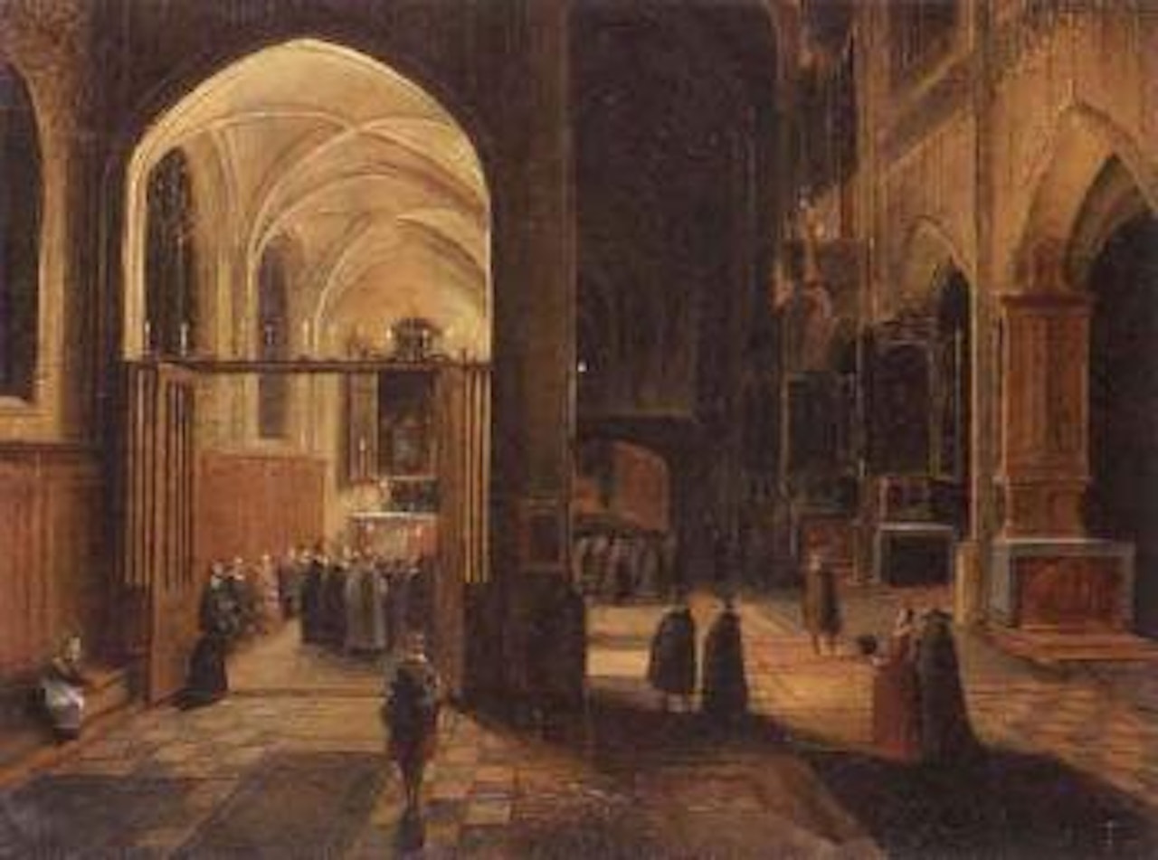 Interior of a gothic cathedral with a mass being celebrated in a side chapel by Hendrik van Steenwyck the Younger