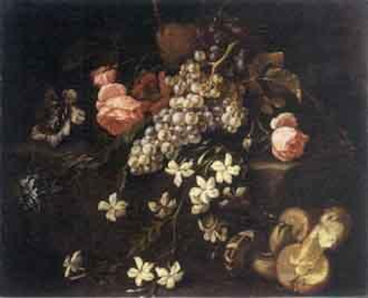 Still life of fruit and flowers resting on a stone ledge with mushrooms in the foreground by Abraham Brueghel