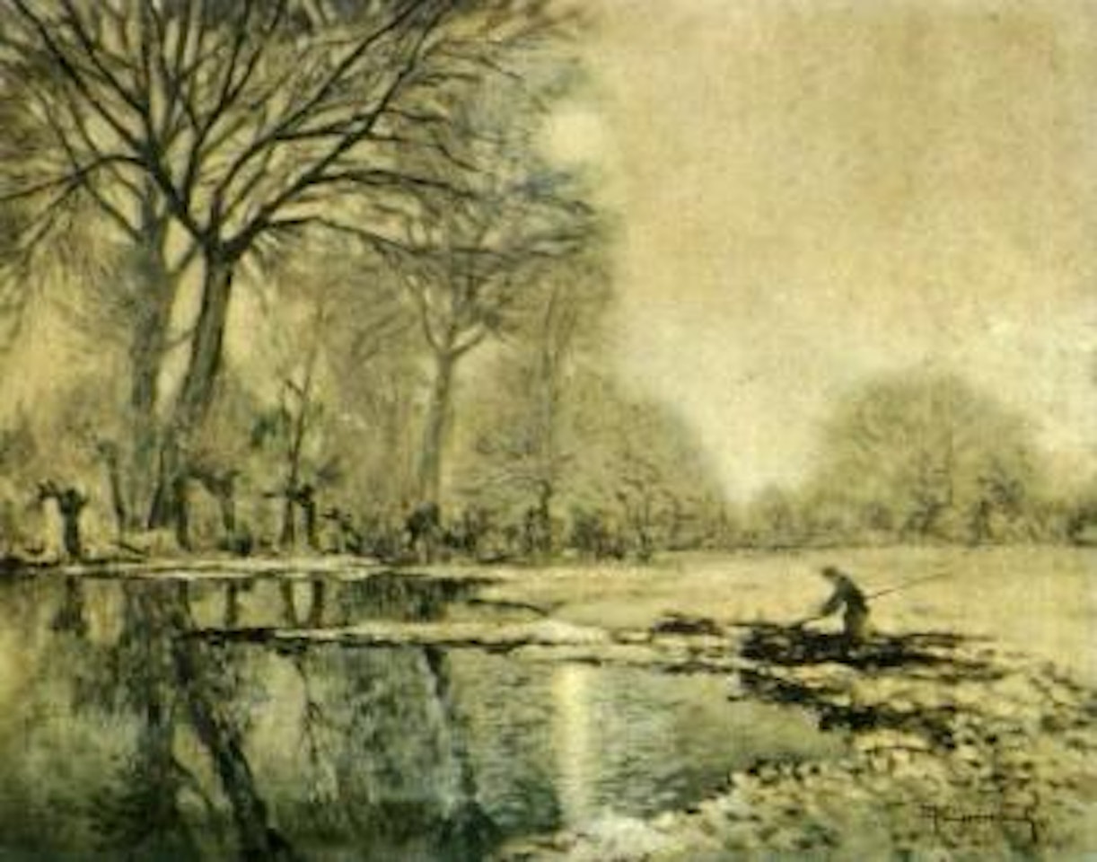 Lower Rhine landscape with fisherman in boat by Max Clarenbach