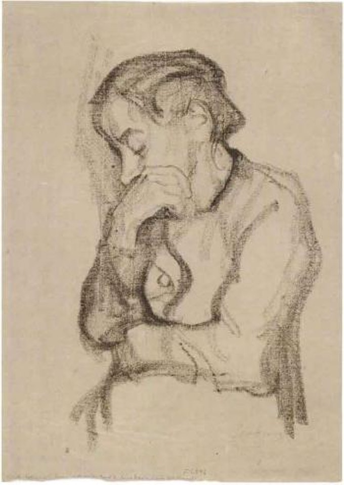 Woman hiding mouth with hand by Kathe Kollwitz
