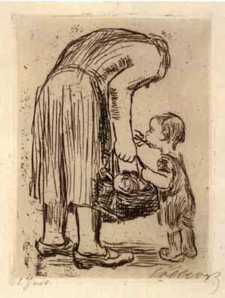 Standing woman feeding child by Kathe Kollwitz