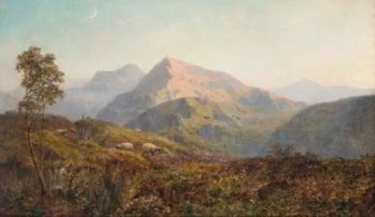 Sheep in a highland landscape, evening by Alfred de Breanski