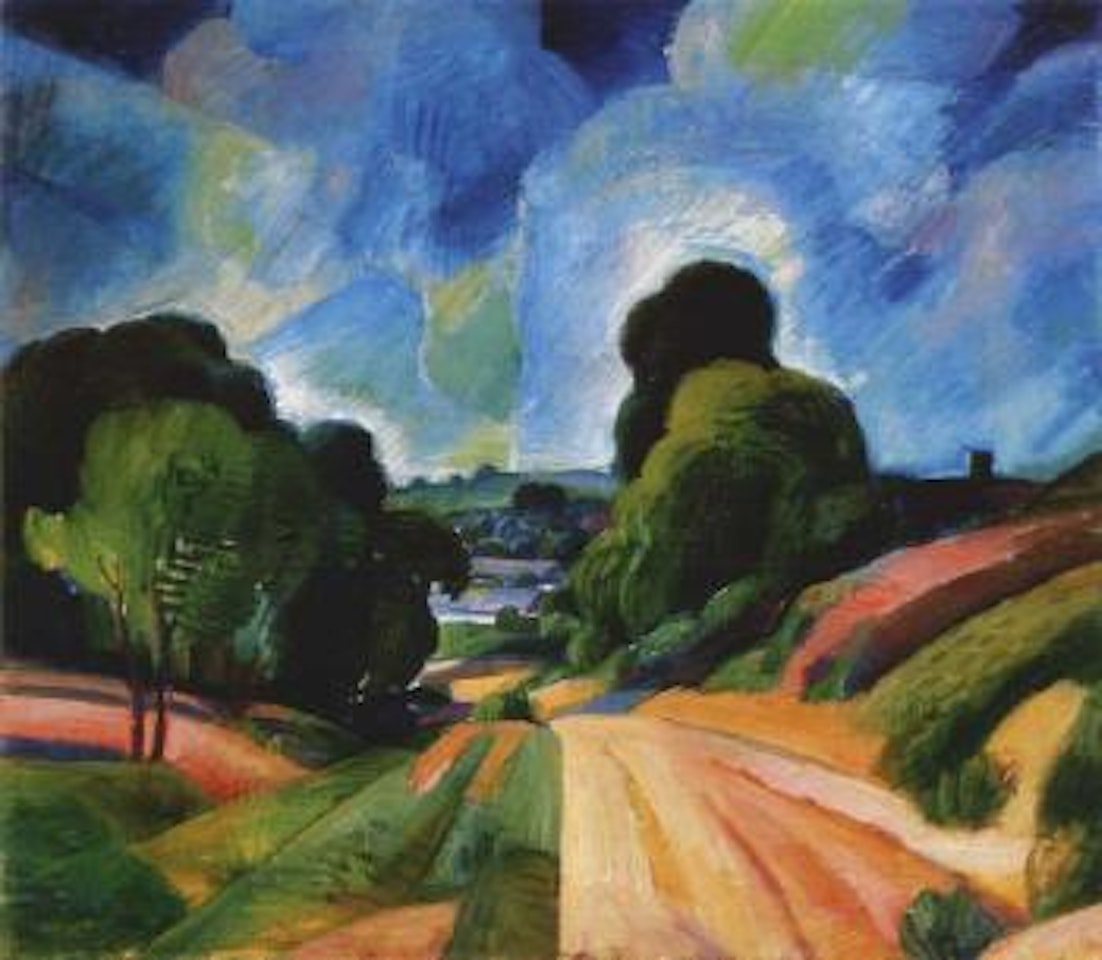 Hilly landscape with rays of light and houses by János Kmetty