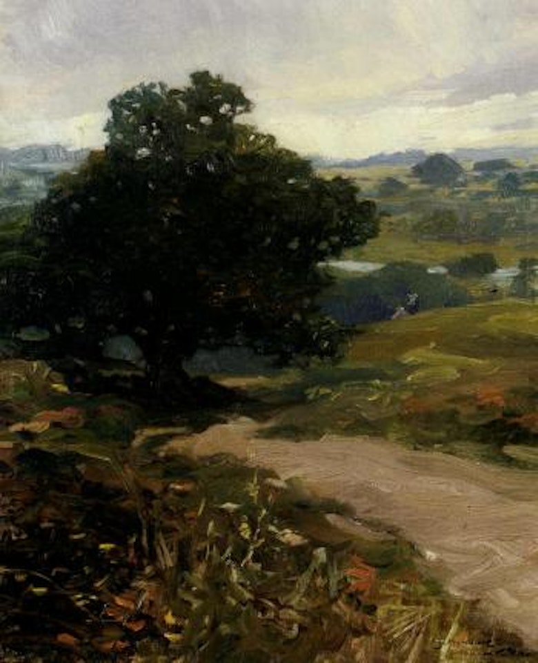 Country lane with distant figures by Alfred James Munnings