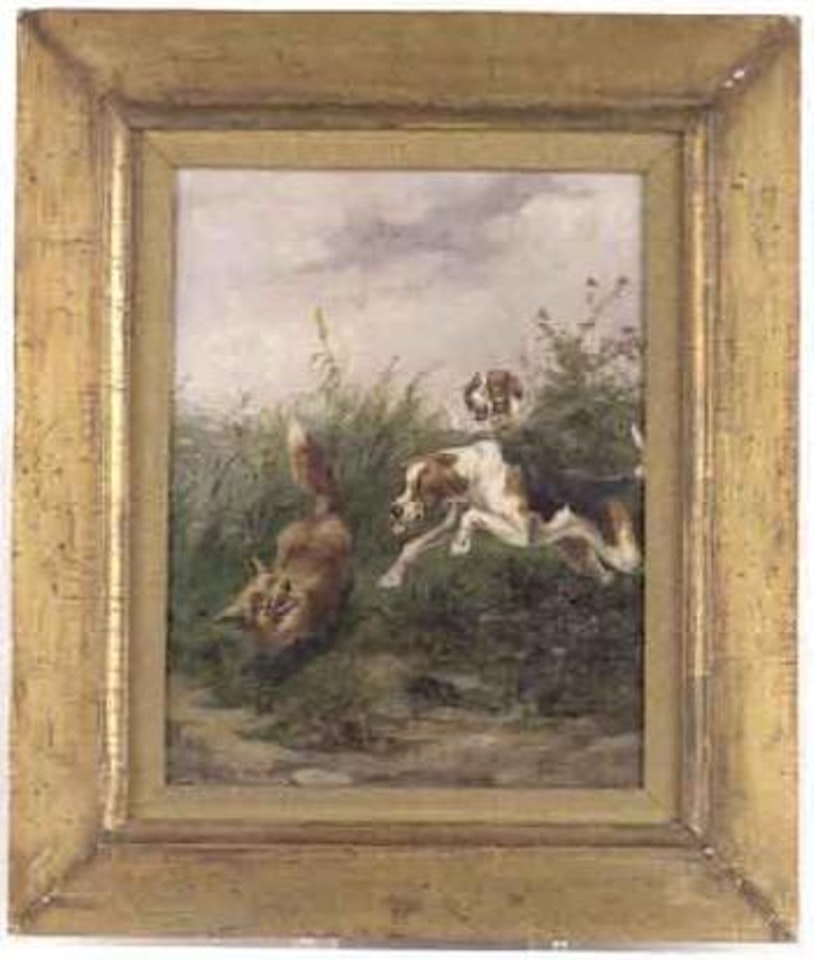 Hunt scene with two hounds chasing down a fox by Olivier de Penne