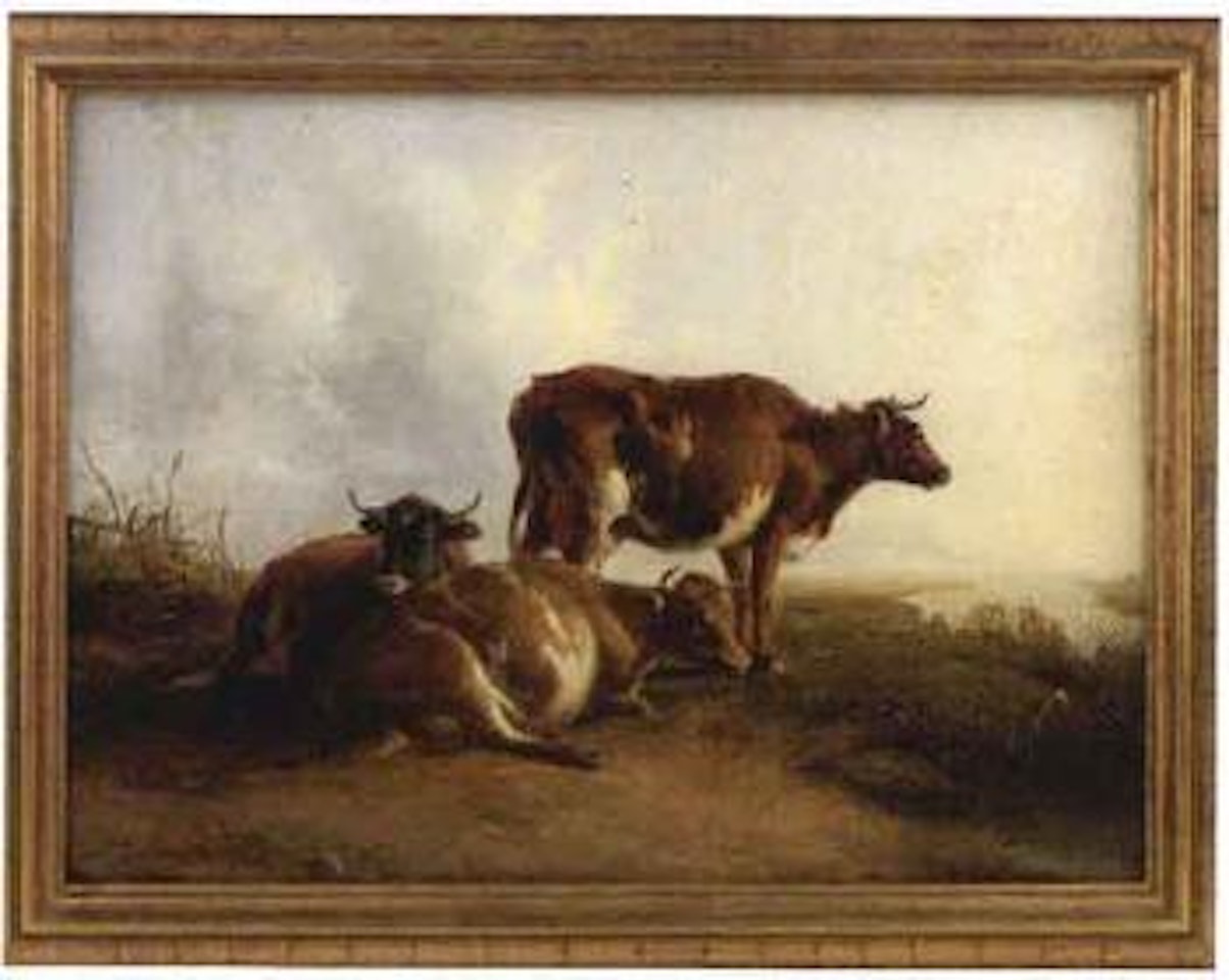 Landscape with three cows over looking a river by Thomas Sidney Cooper