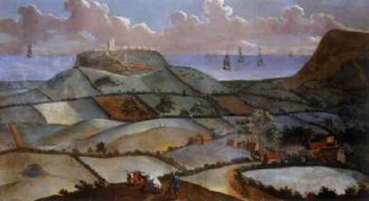 Coastal landscape with a view of Scarborough town and castle from the south west by English School