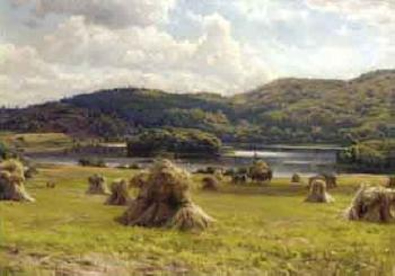 Haystacks in an alpine pasture by Peder Mork Monsted