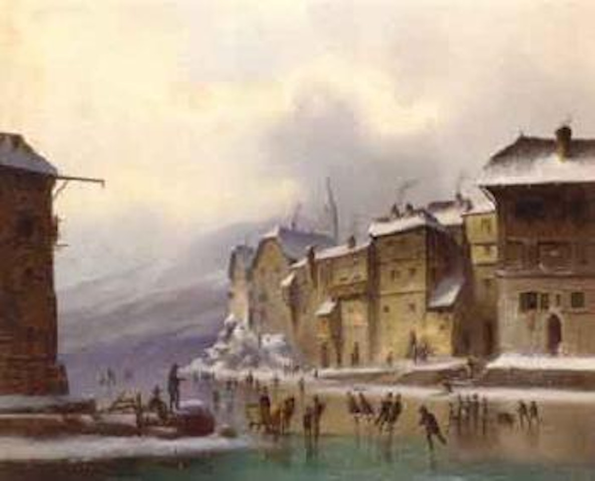 Skaters on a frozen river by Anton Doll