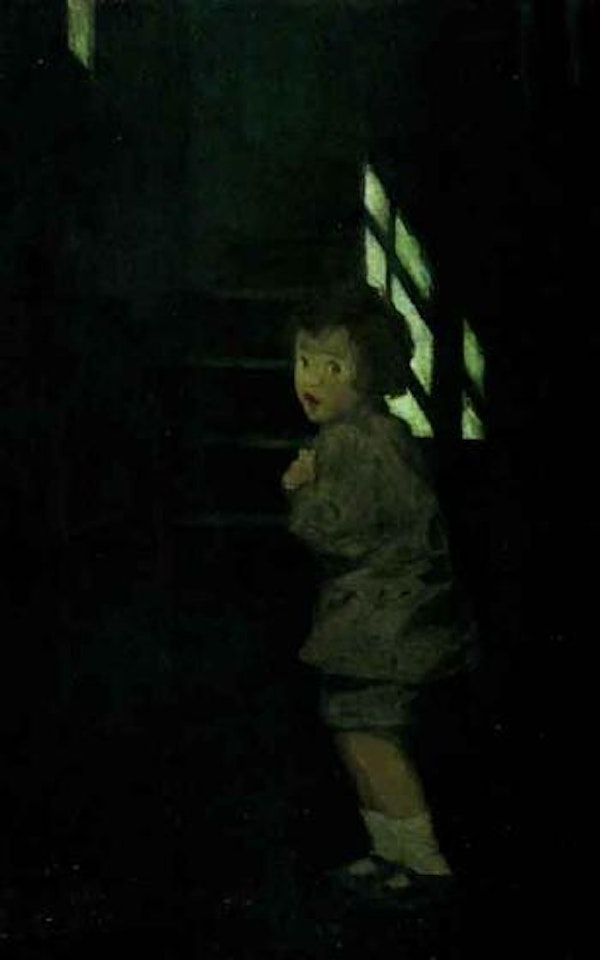 Little boy climbing dark stairway by Jessie Willcox Smith