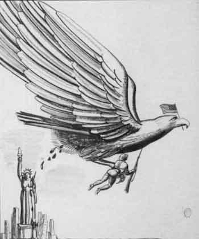 American eagle with flag and soldier soils our liberties by Rockwell Kent