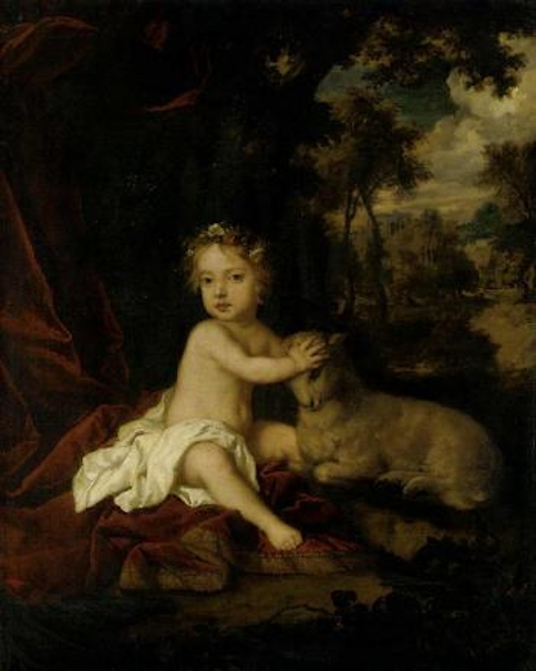 Portrait of Princess Isabella, seated with garland of flowers in her hair, in an landscape by Sir Peter Lely