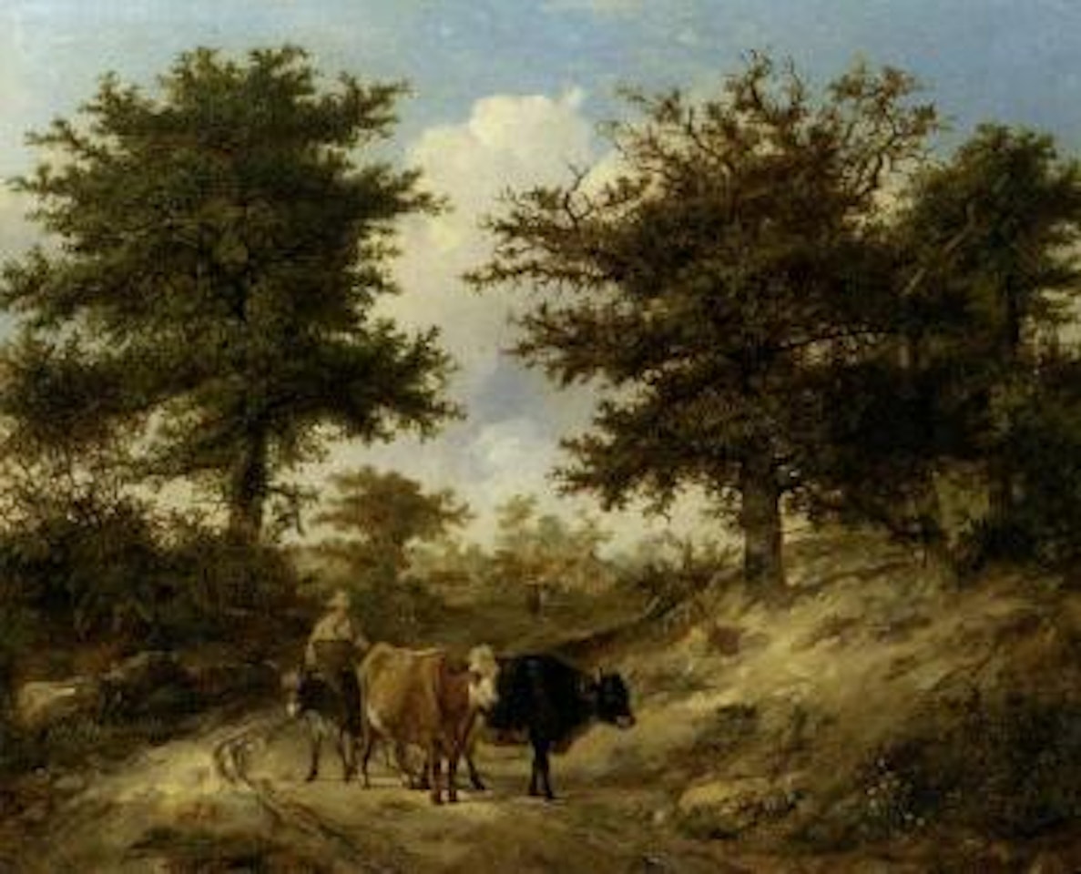 Lane scene, with a peasant driving cattle by Thomas Sidney Cooper