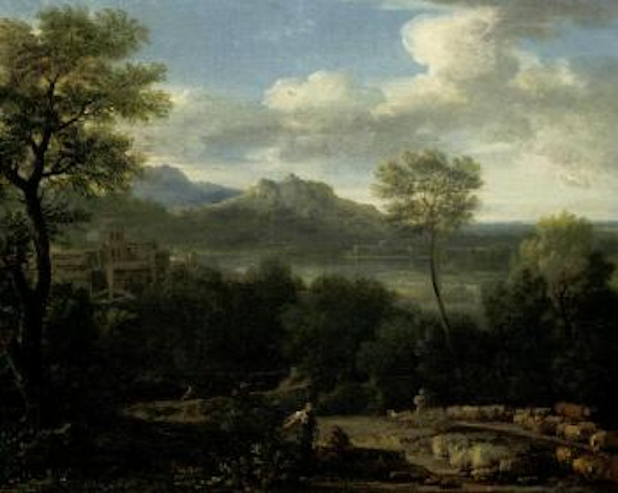 Italianate landscape with a shepherd and shepherdess in the foreground and a hilltop village by John Wootton