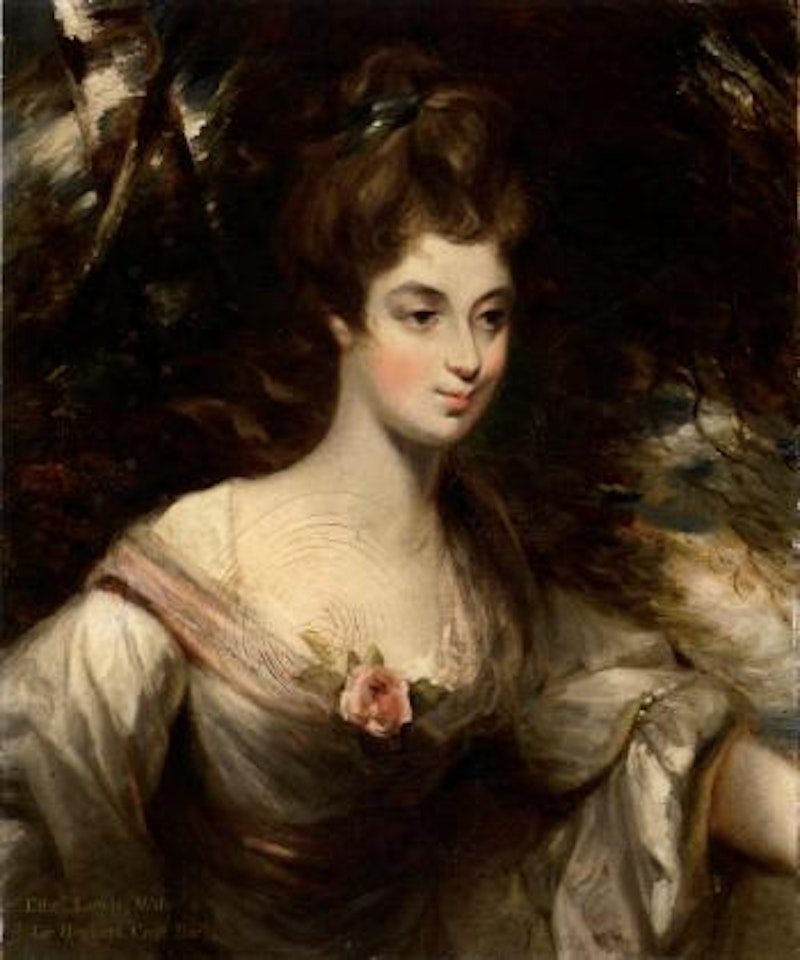 Portrait of Elizabeth, Lady Croft, wearing a white dress with pink sash, in a landscape by John Constable