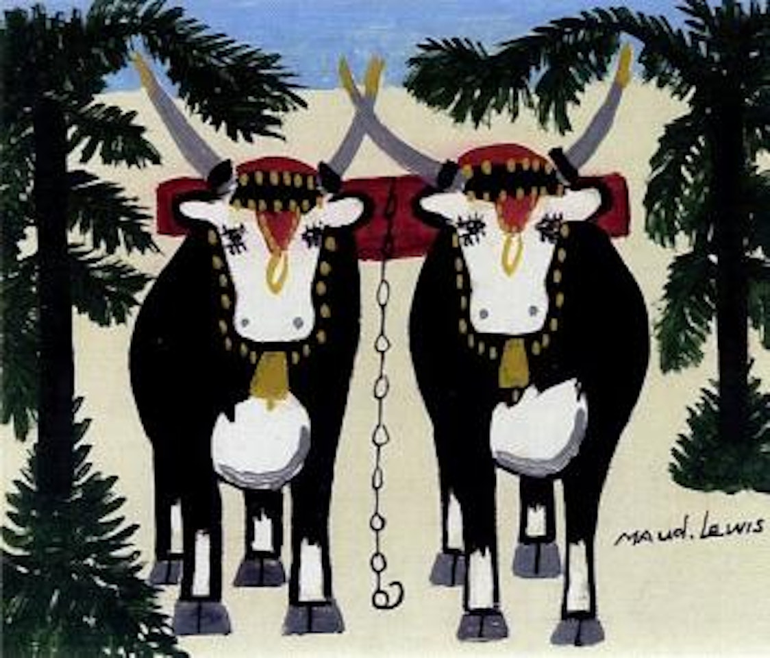 Pair of oxen. White dog by Maud Lewis