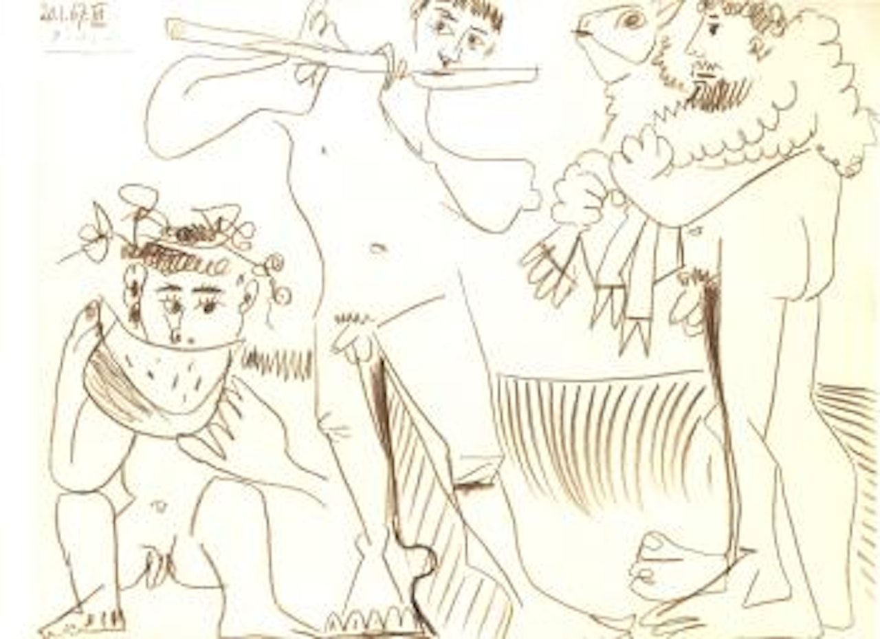 Homme au mouton, mangeur de pasteque et flutiste by Pablo Picasso