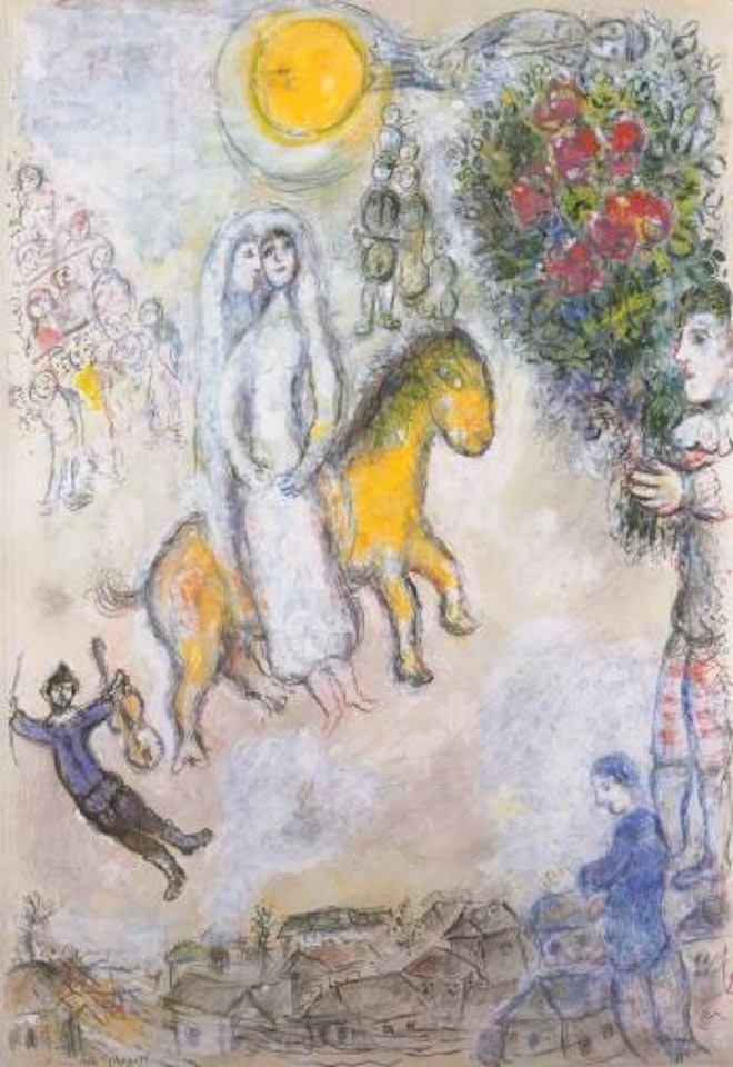 Les promis au soleil jaune by Marc Chagall