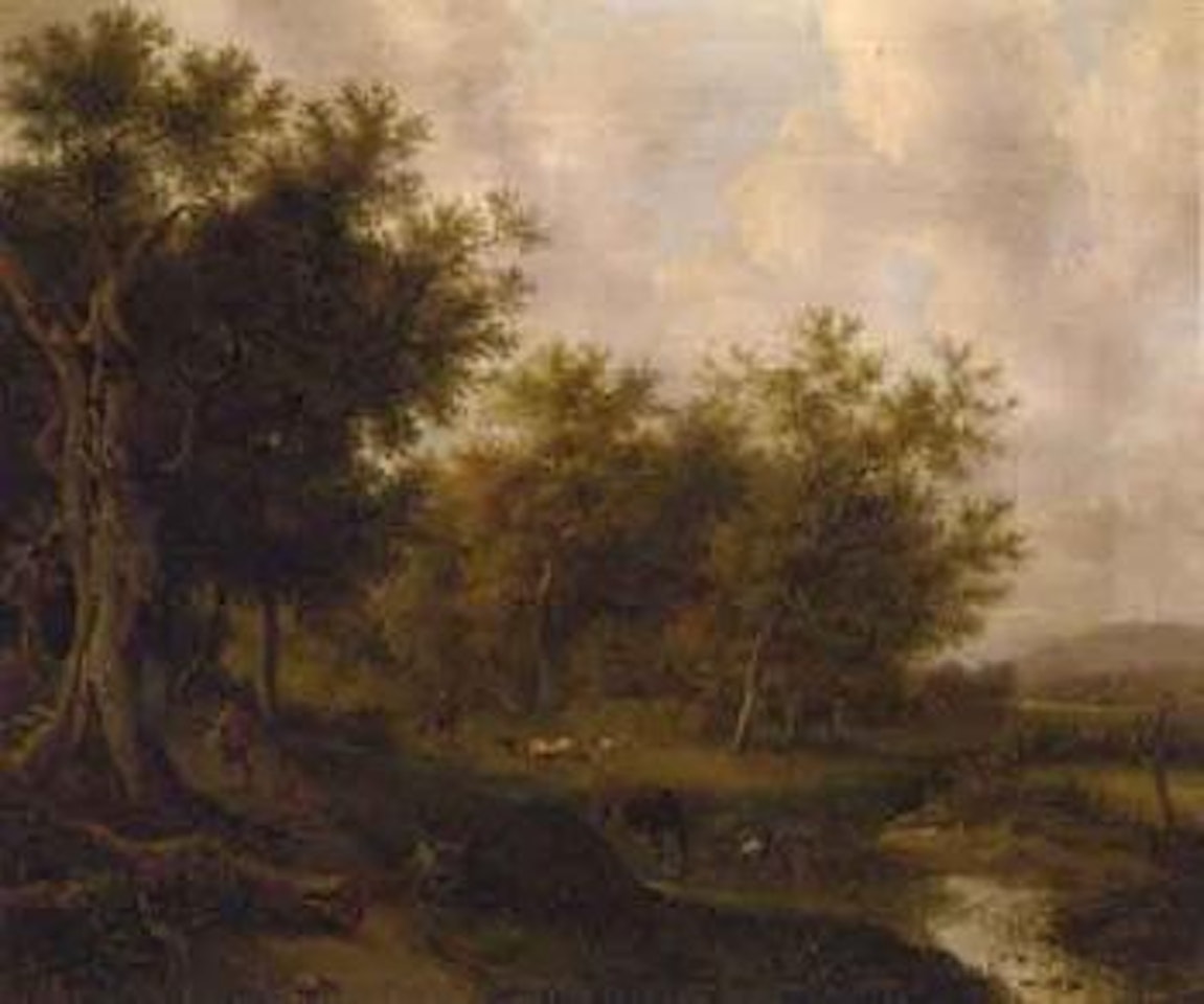 Animals watering in a wooded lake landscape by Pieter Casper Christ by Eugène Joseph Verboeckhoven