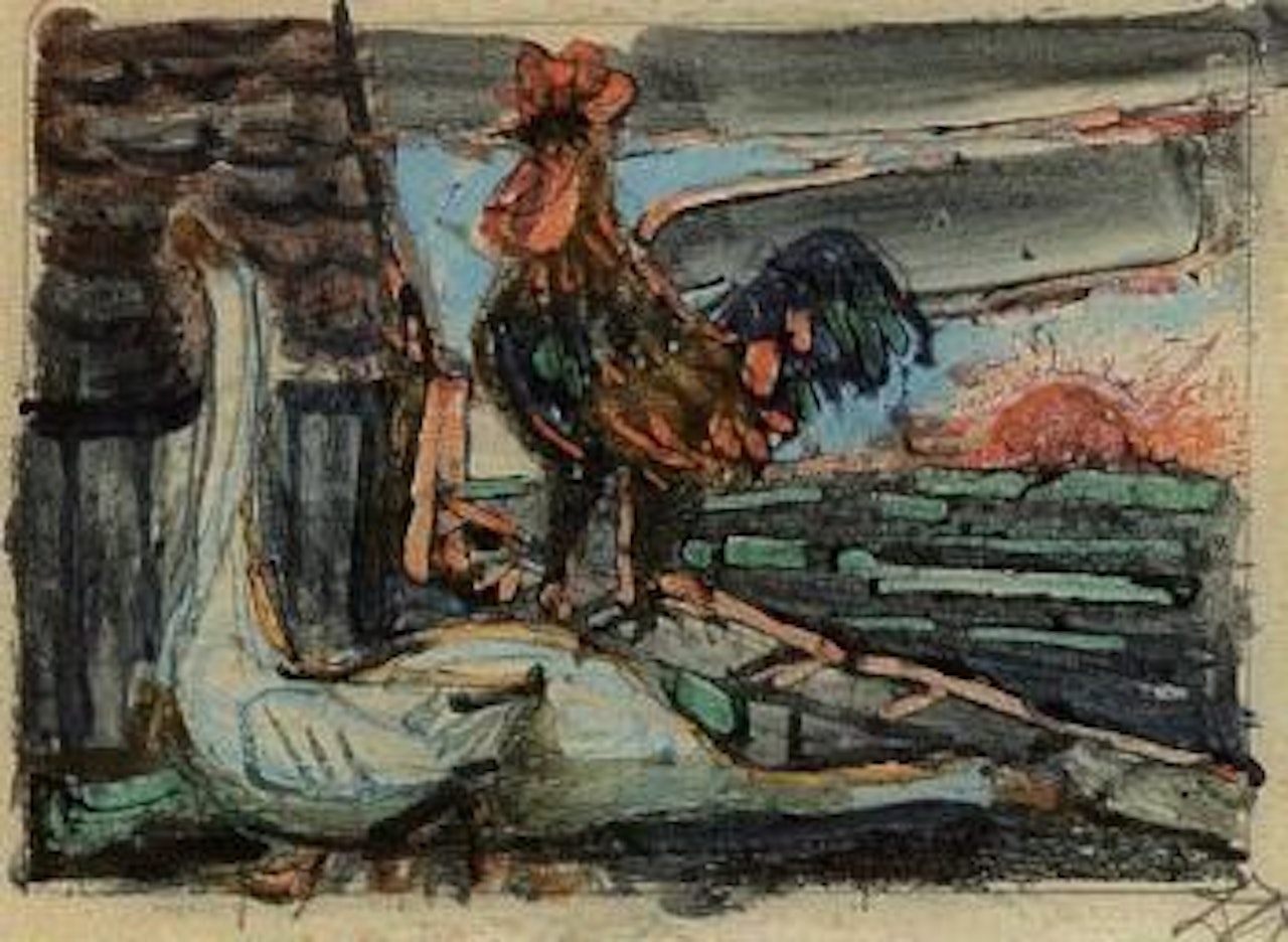 Cockerel and swan by farmstead by Otto Dix