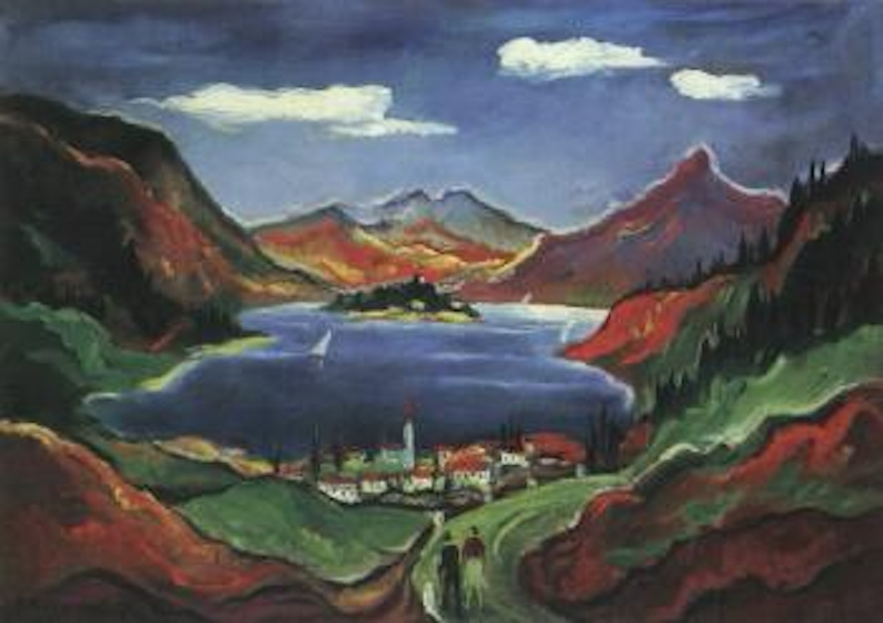 Village by mountain lake by Franz Heckendorf