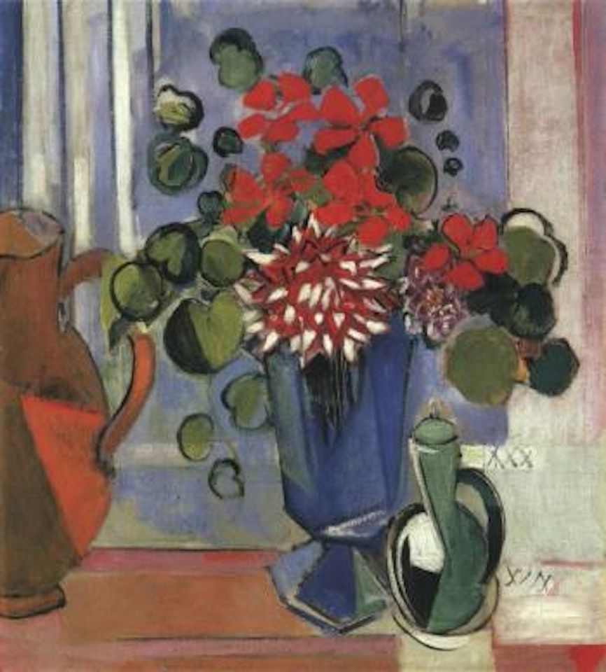 Dahlias and cress in crystal blue vase by Oskar Moll